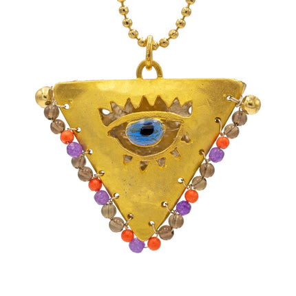Lucky charm necklace with blue evil eye bead accent. Handcrafted 925 silver necklace featuring gold, purple, amber beads. Modern interpretation of traditional triangular Filakto symbol, said to bring good fortune.
