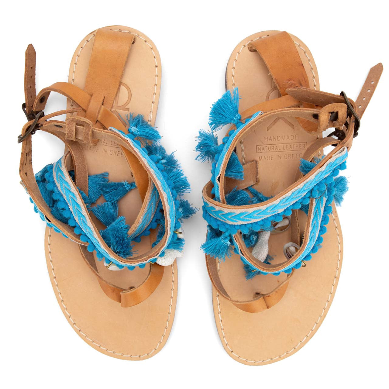 Boho, Sea Shell in Light Blue , Handmade leather Sandals detail view
