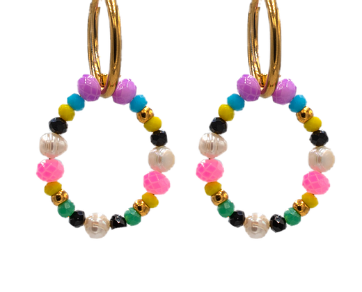 Close up of boho style, colourful, hoop earrings