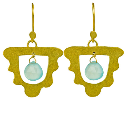 Close up of cleopatra aquamarine drop earrings in gold-plated silver