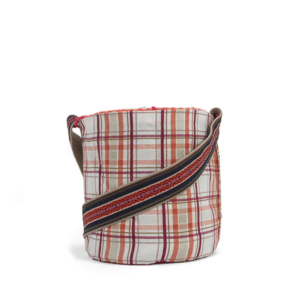 Ethnic Wild Orchid and Orange Handwoven Bucket Bag detail view