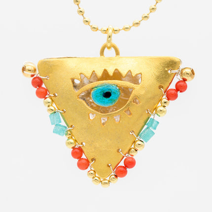 Gold-plated silver 925 necklace with turquoise evil eye charm and coral & light blue beads inspired by the Filakto, a triangular good luck charm traditionally handmade for newborn family members.