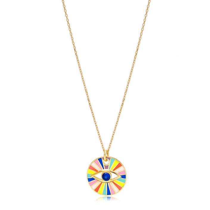 Close up of enamel colourful sapphire evil eye necklace
