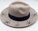 Close up of five stars, fedora, hand-painted hat in gray