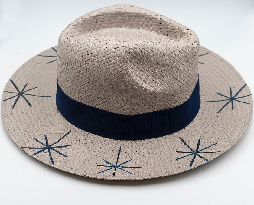 Close up of five stars, fedora, hand-painted hat in gray