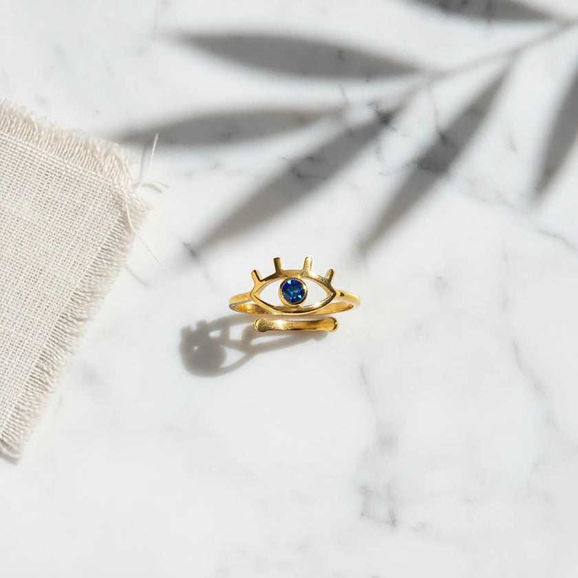 Gold Evil Eye Ring with Sapphire Stone | Gold-Plated Sterling Silver