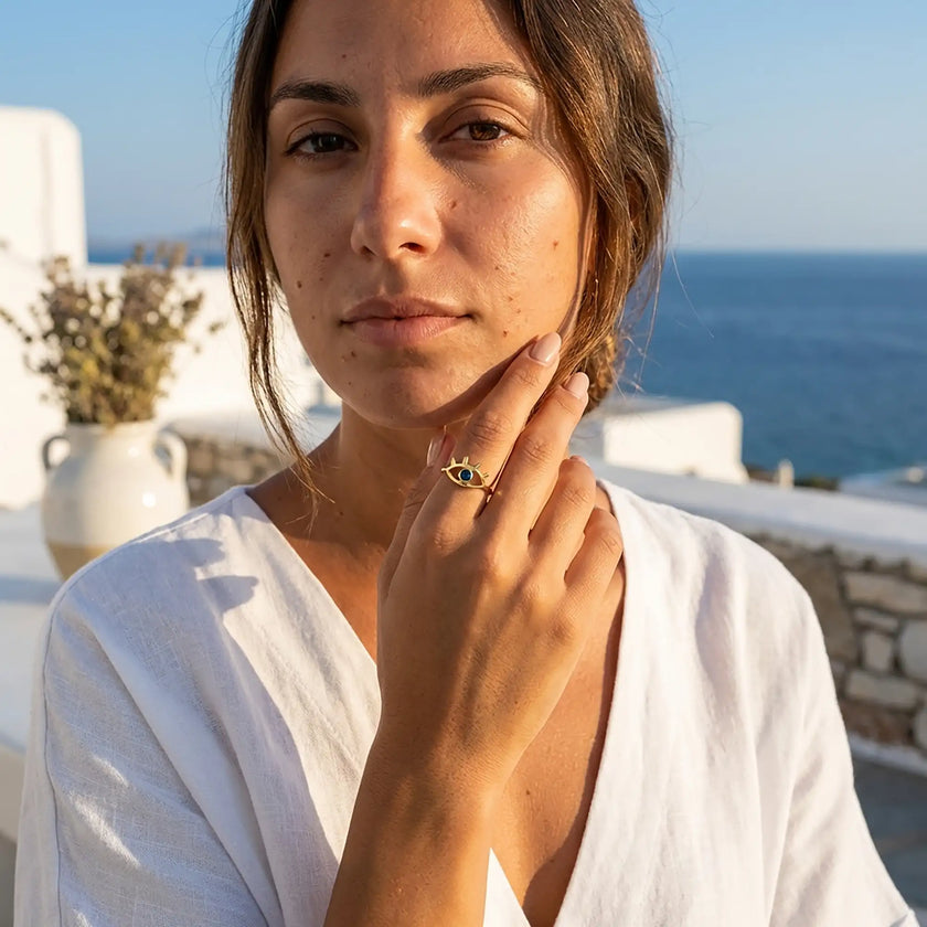 Gold Evil Eye Ring with Sapphire Stone | Gold-Plated Sterling Silver