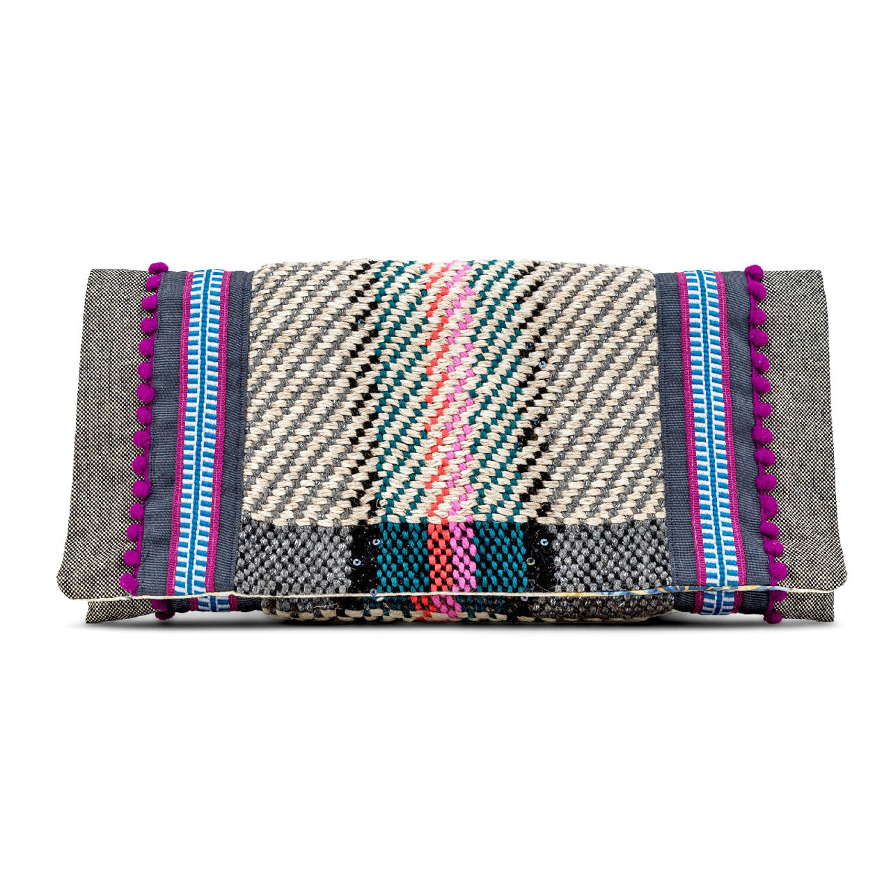 Cotton pouch envelope made by hand on the loom in grey and purple.