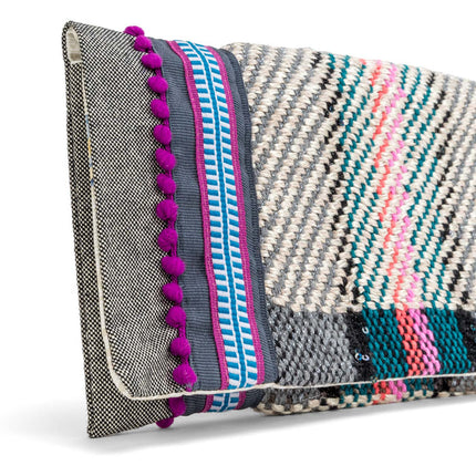 Gray & Purple Pompons Boho Envelope Pouch – Handcrafted in Greece