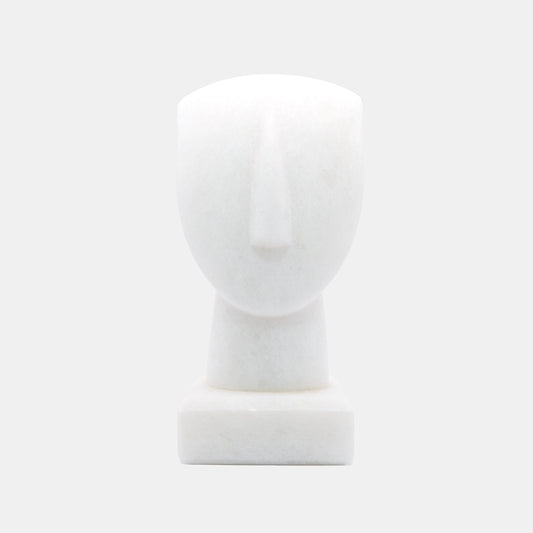 The image shows a simplified representation of a human head and neck on a base, likely a mannequin or a sculptural form. It appears to be made of White Naxos Marble and is designed in a very minimalistic style with few details, emphasising the basic contours of the head and neck. The background is a uniform light colour, providing a neutral backdrop for the object.