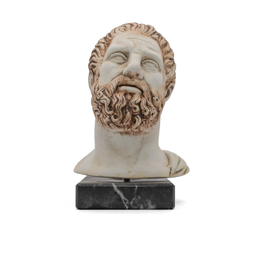 Handcrafted and handpainted plaster depiction of the Head of Hippocrates, set on a sturdy marble base. This piece blends t...