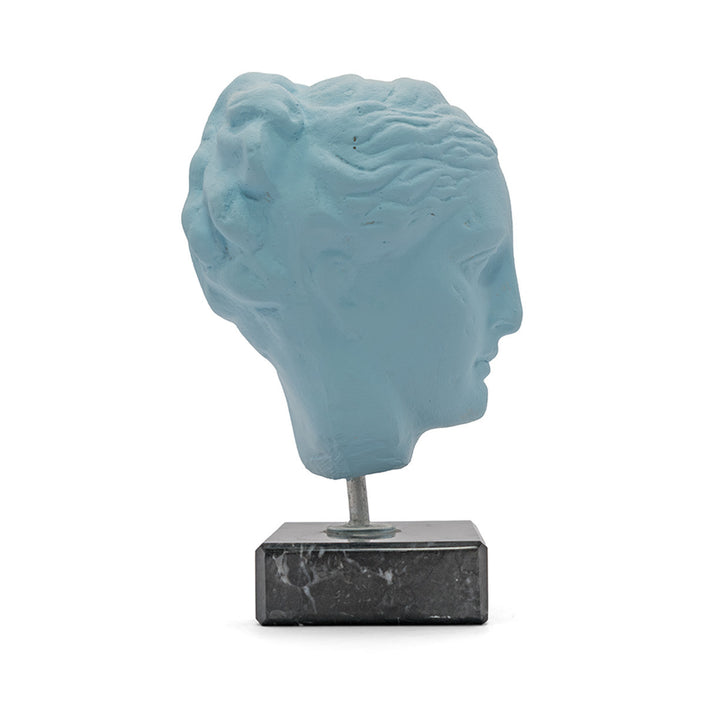 Close up of head of goddess hygeia in light blue