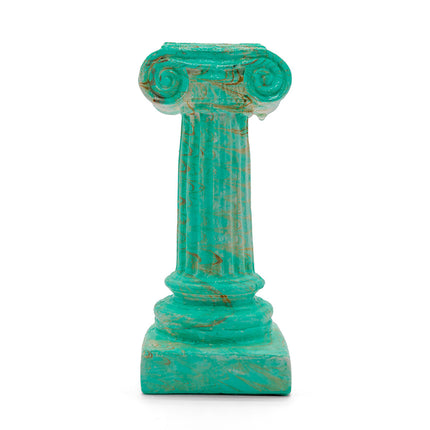 Handcrafted Ionic column figurine in turquoise and white, inspired by ancient Greek architecture and painted using the Ebru art technique. Part of home decor collection celebrating classical buildings like the Parthenon at the Acropolis of Athens.