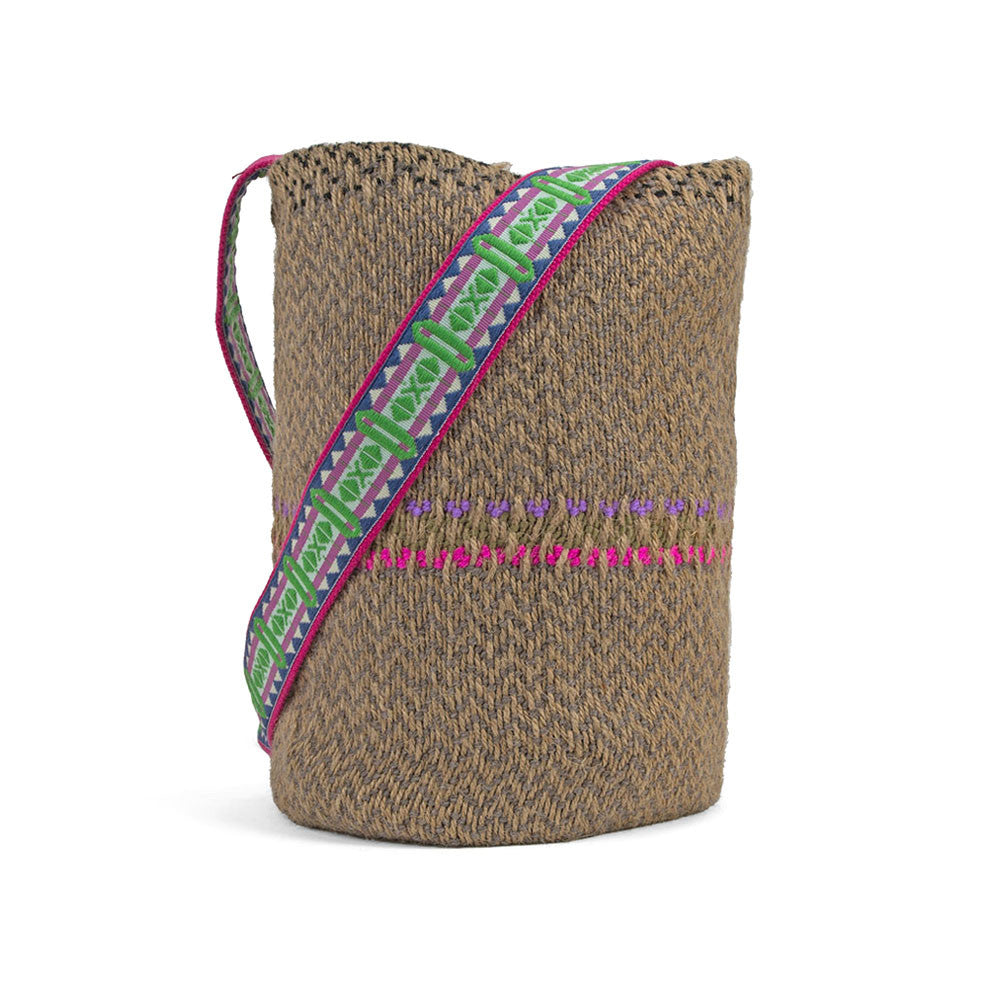 Boho Brown Jute Handwoven Bucket Bag in Purple