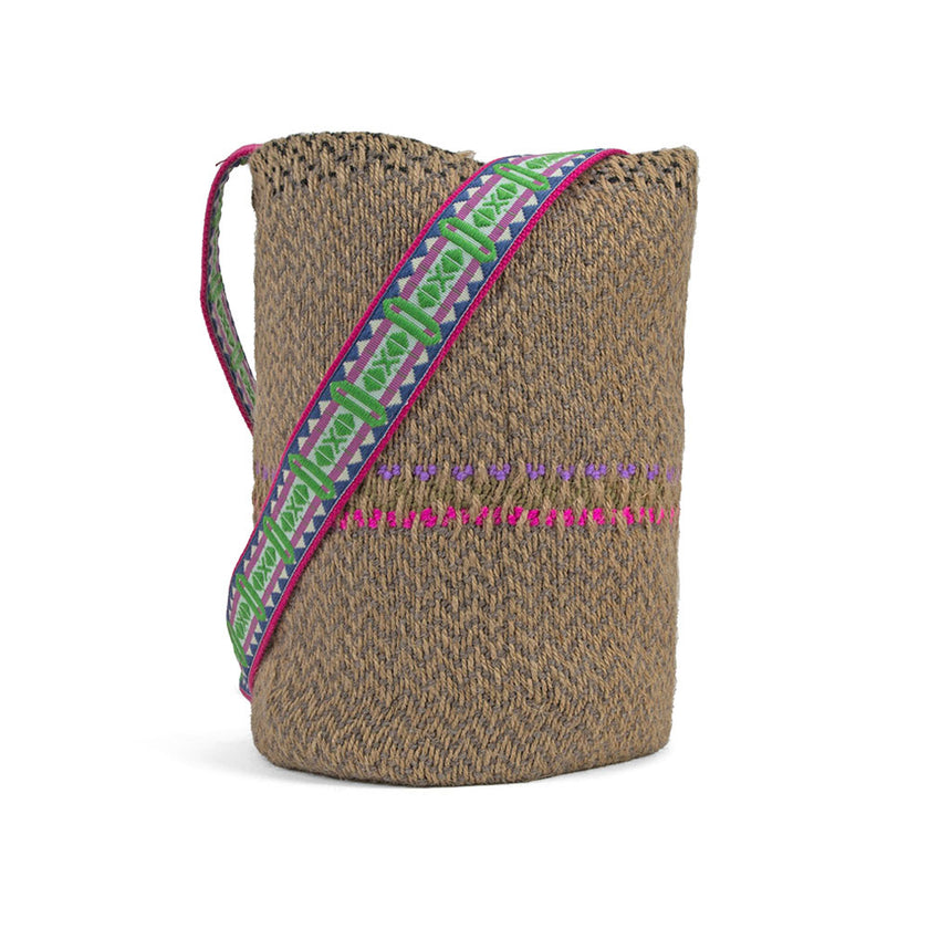 Boho Brown Jute Handwoven Bucket Bag in Purple