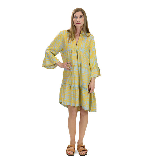 The Kaftan Dress in Champagne Yellow & Teal is the perfect summer kaftan dress that can be worn casually during the day, paired with sandals, or dressed up for a night out with heels. It has a relaxed fit and is made of premium quality Greek cotton - so it's soft, breathable, and washes easily.