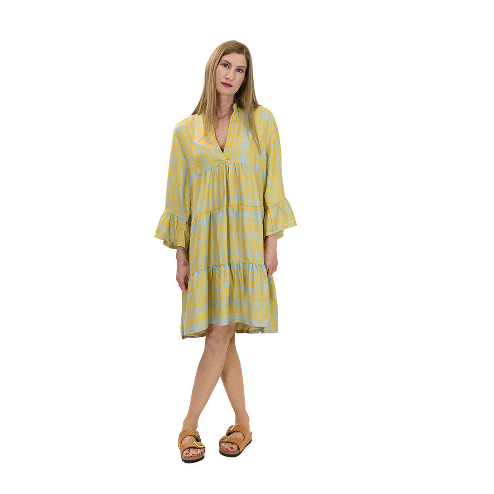 Kaftan Dress in Champagne Yellow & Teal – 100% Greek Cotton