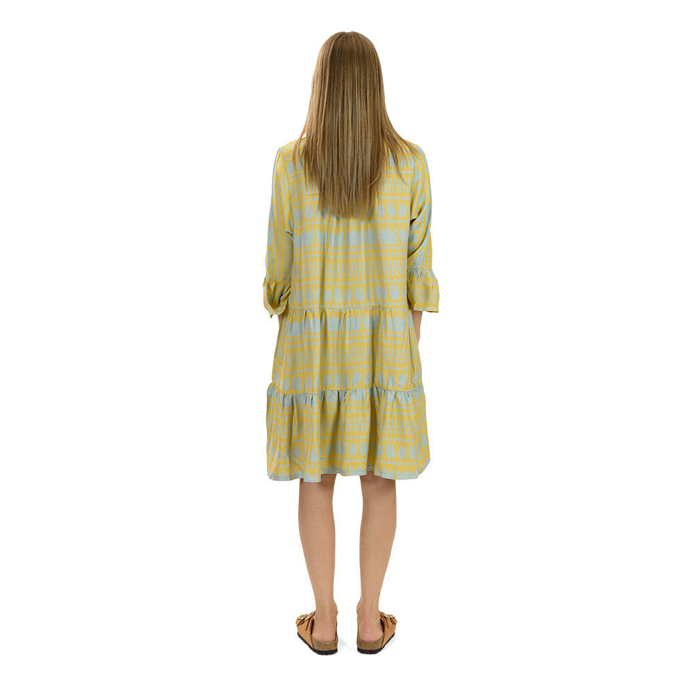Kaftan Dress in Champagne Yellow & Teal – 100% Greek Cotton