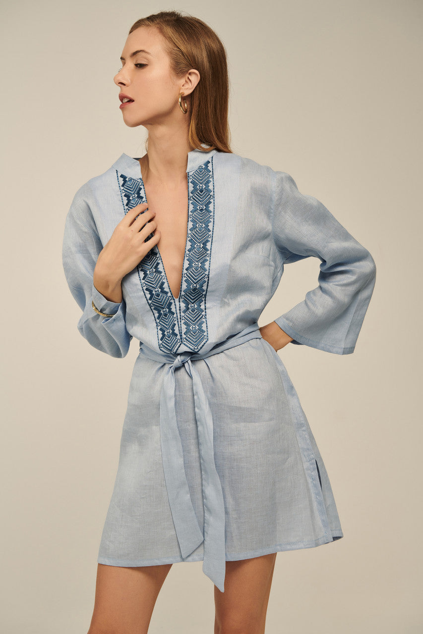 Ione Kaftan, Linen Dress in Baby Blue detail view