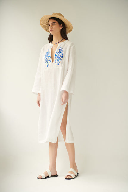 Iris, Linen Dress in White, Embroidered