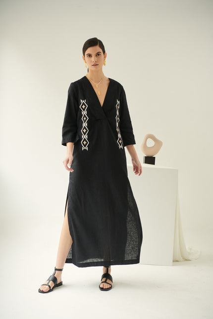Lobelia, Linen Dress in Black, Embroidered