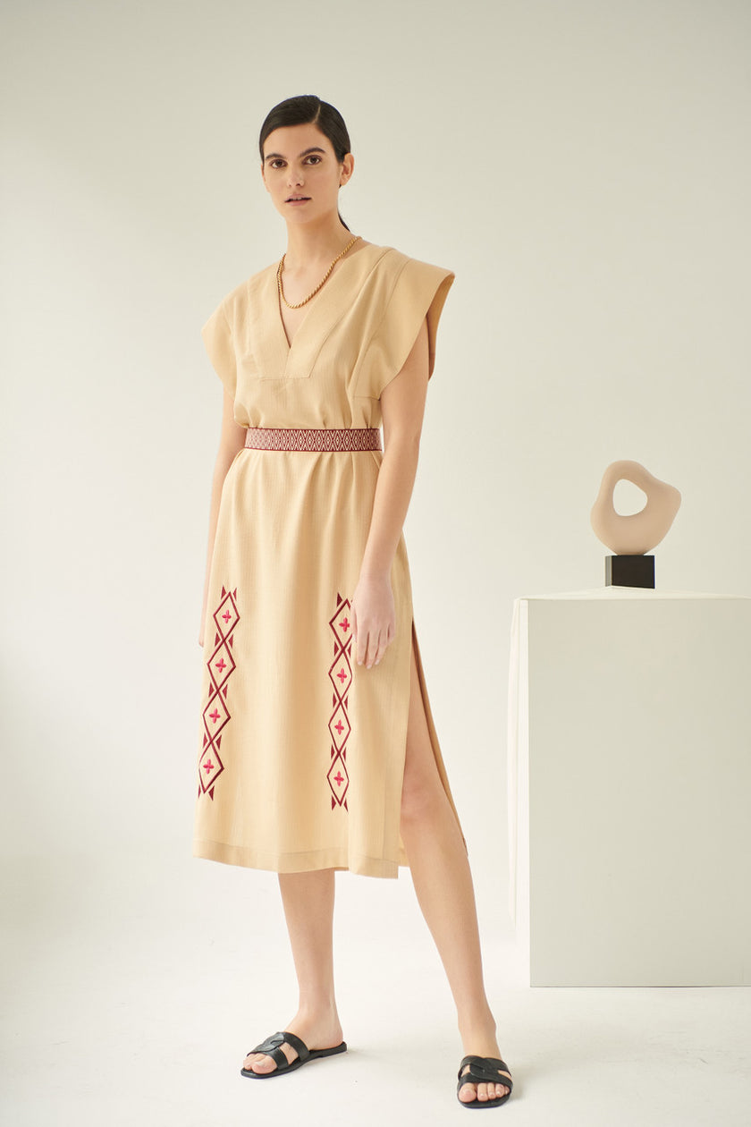 Lysimachia, Linen Dress in Caramel, Embroidered