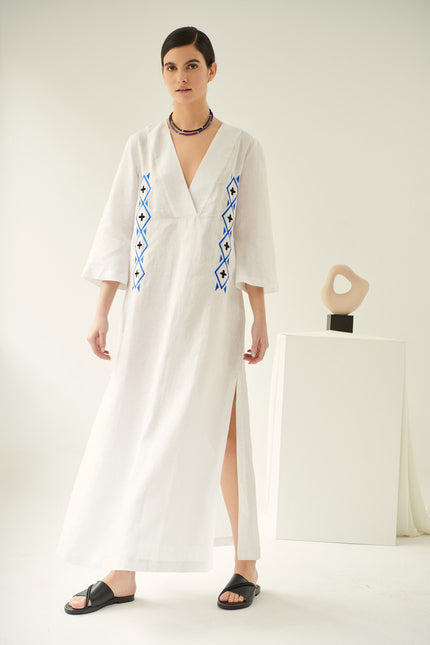Lobelia, Linen Dress in White, Embroidered