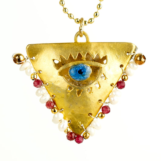 Handcrafted 925 gold-plated silver necklace with blue evil eye pendant and white & red beads inspired by the Filakto lucky charm