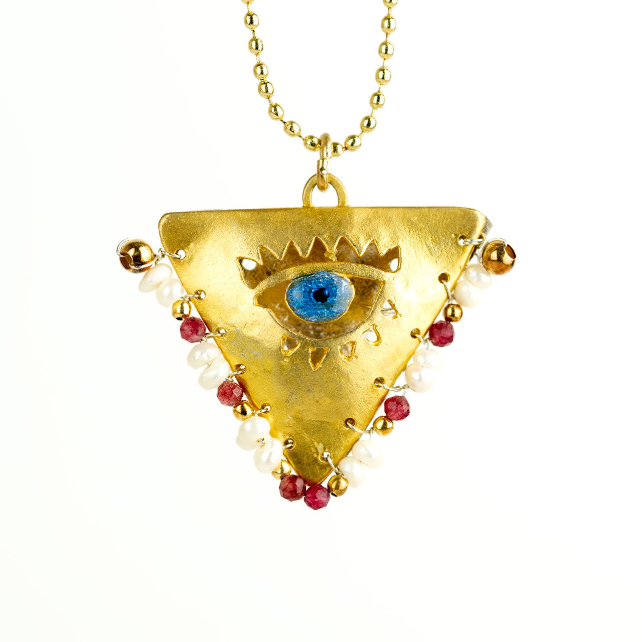 Close up of pearly white & ruby red filakto talisman, lucky charm, necklace