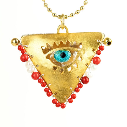 Handcrafted Fylachto inspired gold plated 925 silver necklace with turquoise evil eye, white pearls and ruby red beads - lucky charm jewelry drawing from traditions of familial love and protection
