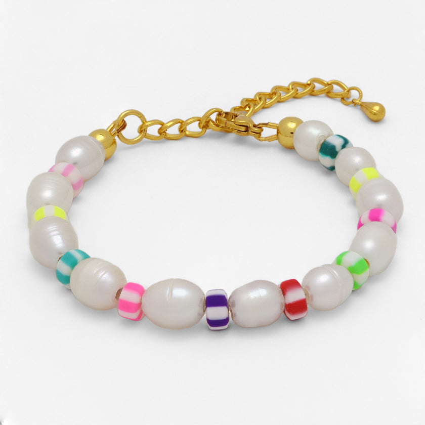 Handmade Freshwater Pearl & Colorful Bead Adjustable Bracelet