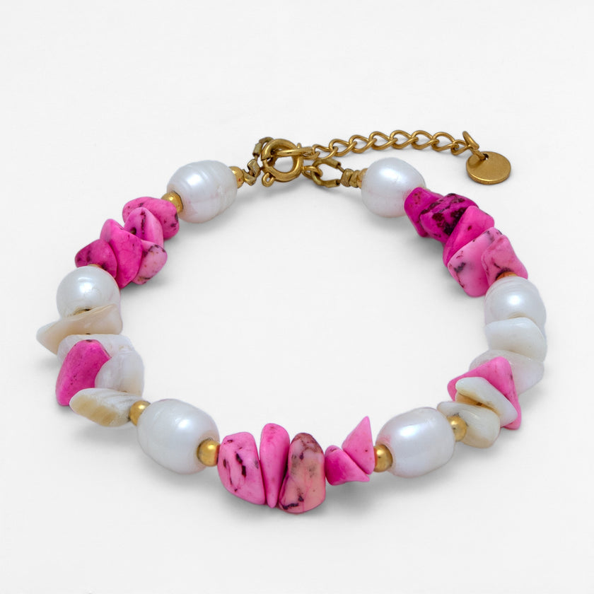 Large Pearls and Fuchsia Chips Adjustable Bracelet Handcrafted in Greece