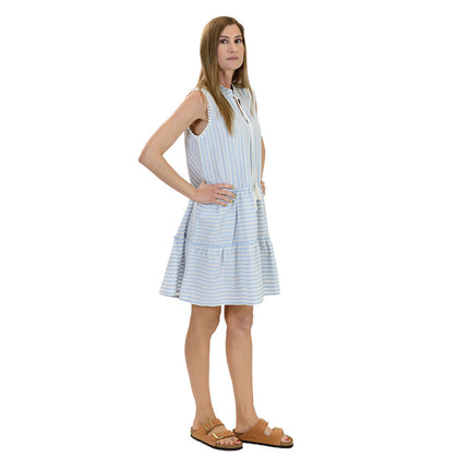 Close up of striped sleeveless dress in light blue & white