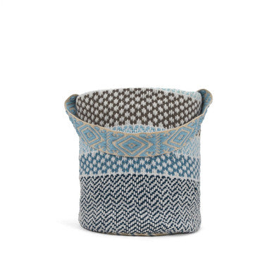 Shades of Blue and Brown Handwoven Bucket Bag styled view