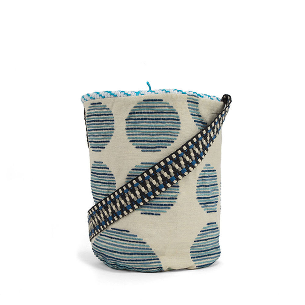 Close up of light blue and fluo yellow handwoven bucket bag