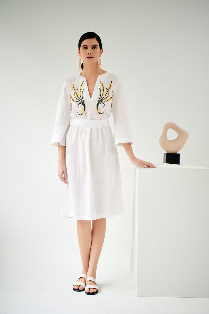 Lillium, Linen Dress in White, Embroidered