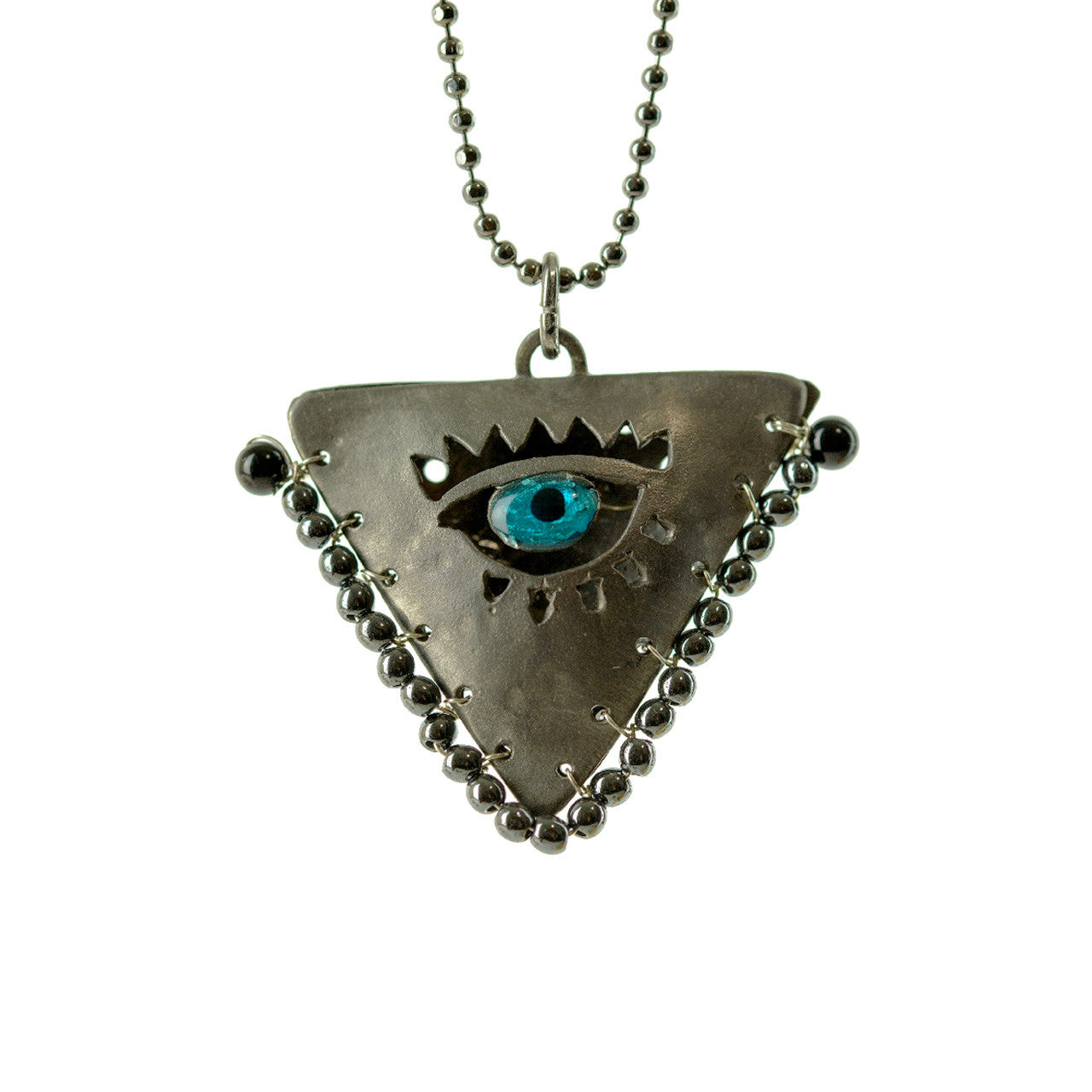 Close up of all black filakto silver talisman charm pendant