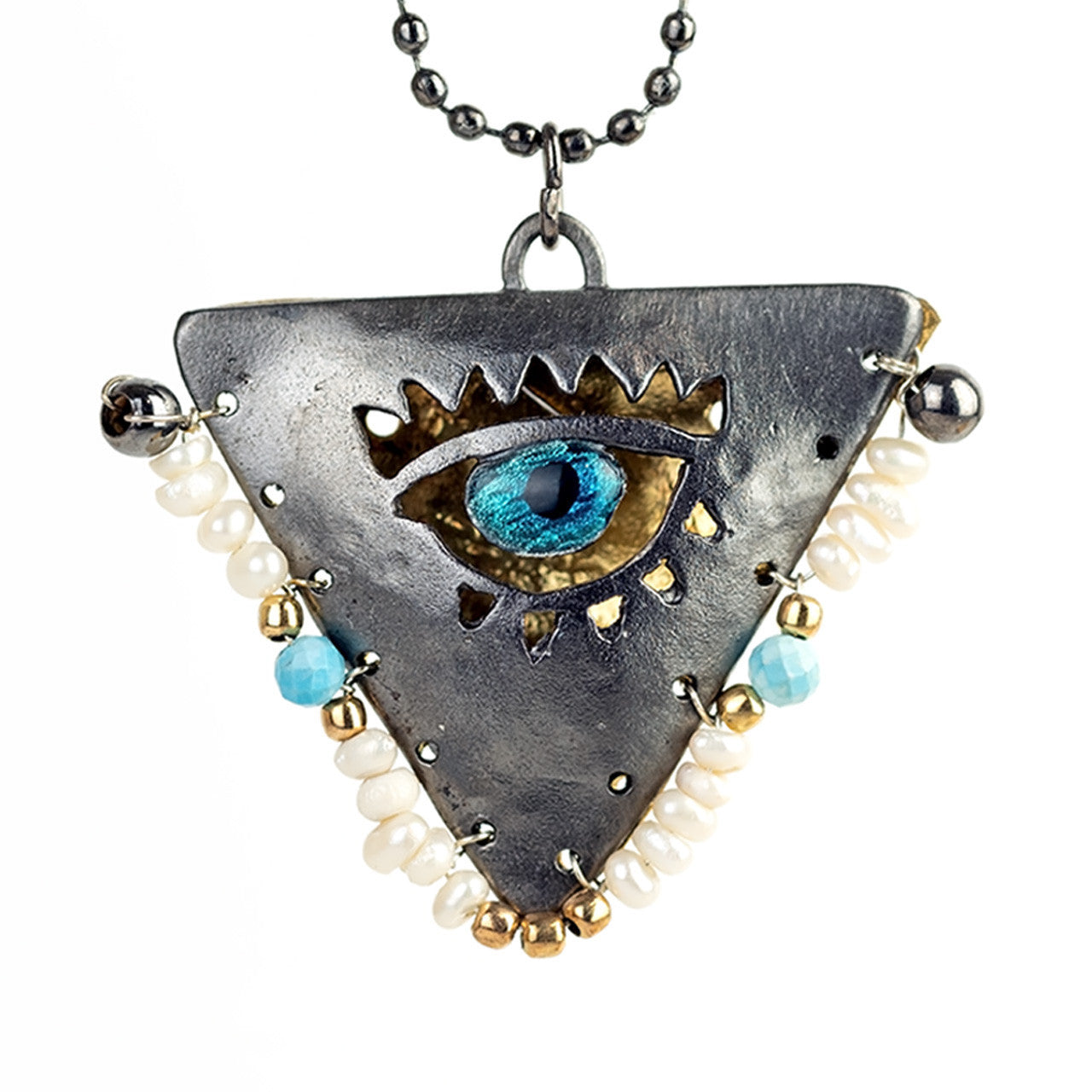 Filakto limited edition handcrafted blue and white pearl evil eye pendant necklace, a modern lucky charm that pays tribute to the traditional protective amulet gifted to newborn babies.