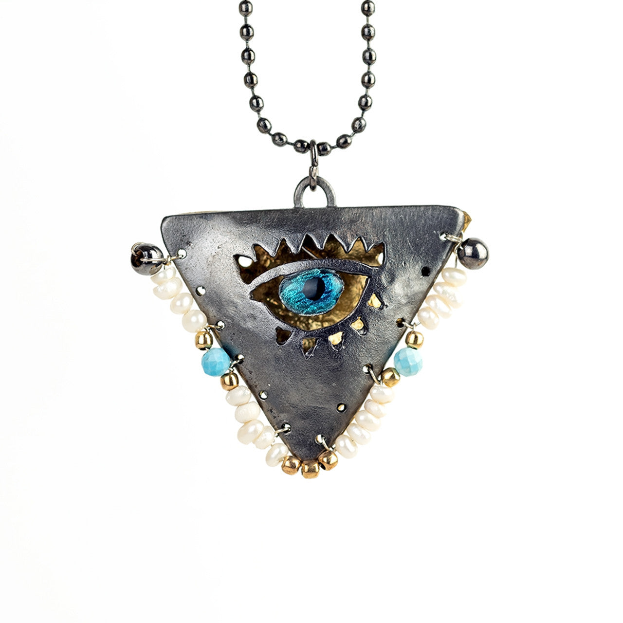 Limited: White Pearl and Baby Blue on Black "Filakto" Talisman, Lucky Charm, Pendant