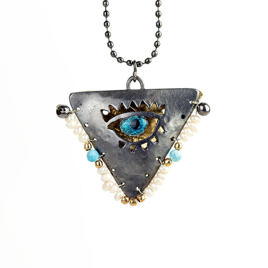Limited: White Pearl and Baby Blue on Black "Filakto" Talisman, Lucky Charm, Pendant