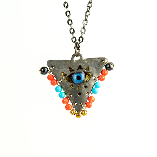 Limited: Coral Red and Baby Blue on Black, "Fylachto" Talisman, Lucky Charm, Pendant