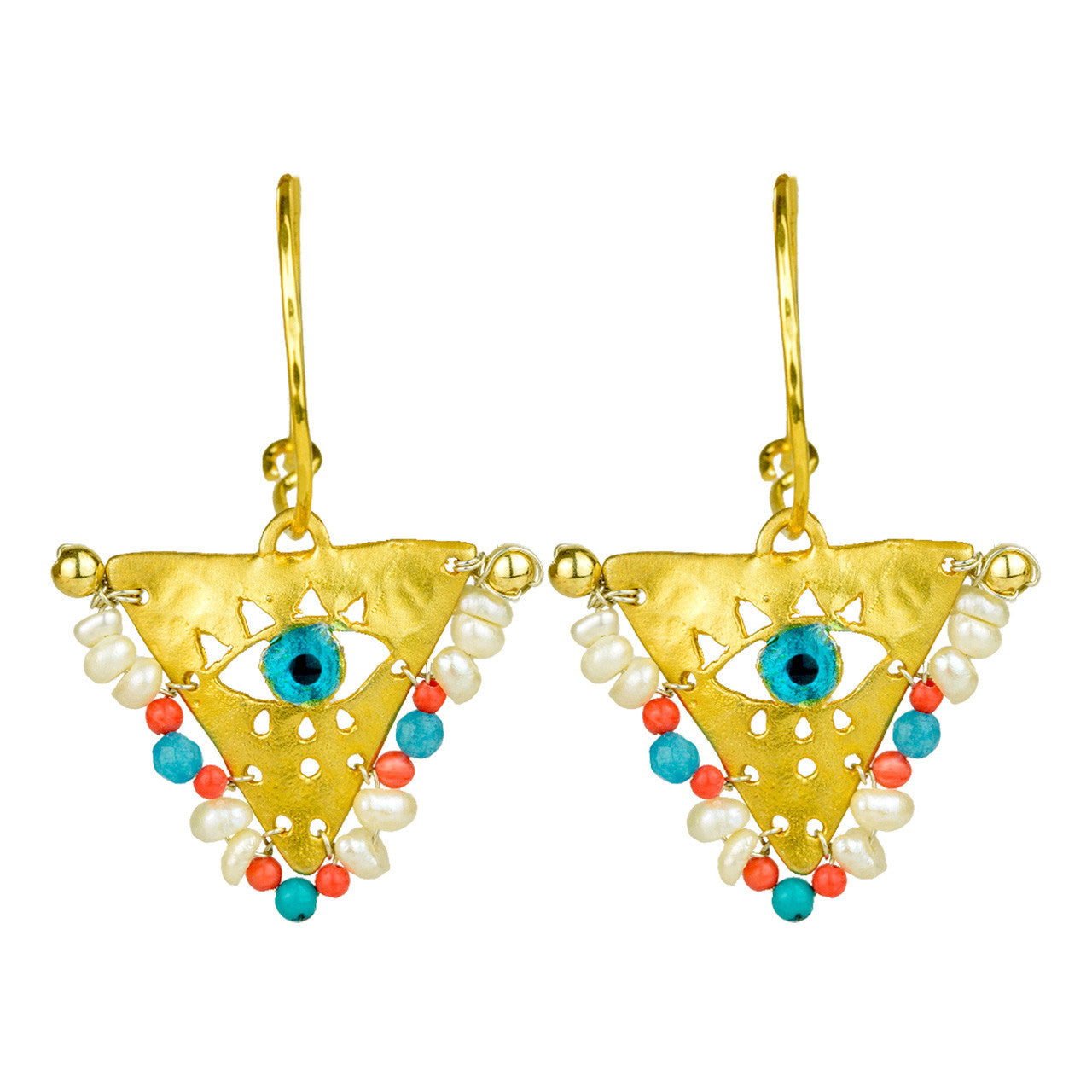 Gold-plated silver hoop earrings with pearls, cobalt blue and coral beads. Evil eye charm at center. Handcrafted jewelry inspired by the Fylachto good luck charm.