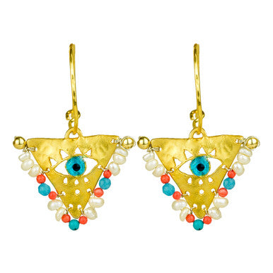 Pearl White, Cobalt Blue and Coral "Fylachto” Talisman Earrings