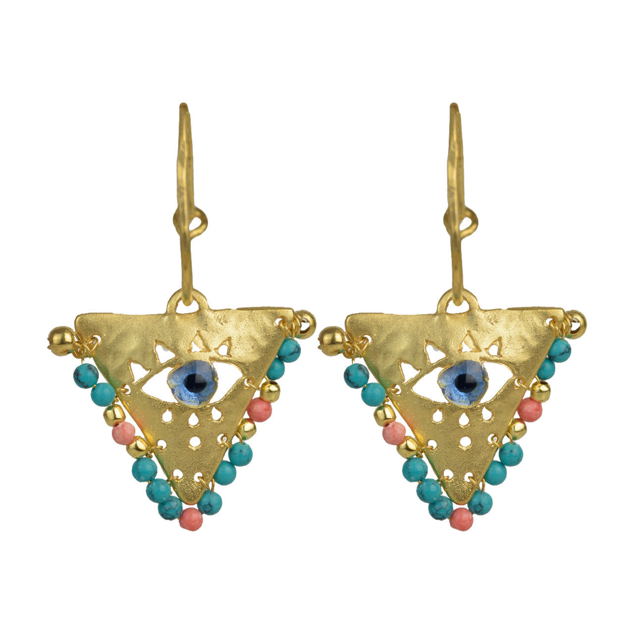Handcrafted gold-plated silver hoop earrings with a mix of green and orange beads and a protective Greek blue evil eye charm inspired by the traditional Filakto lucky charm pillow.
