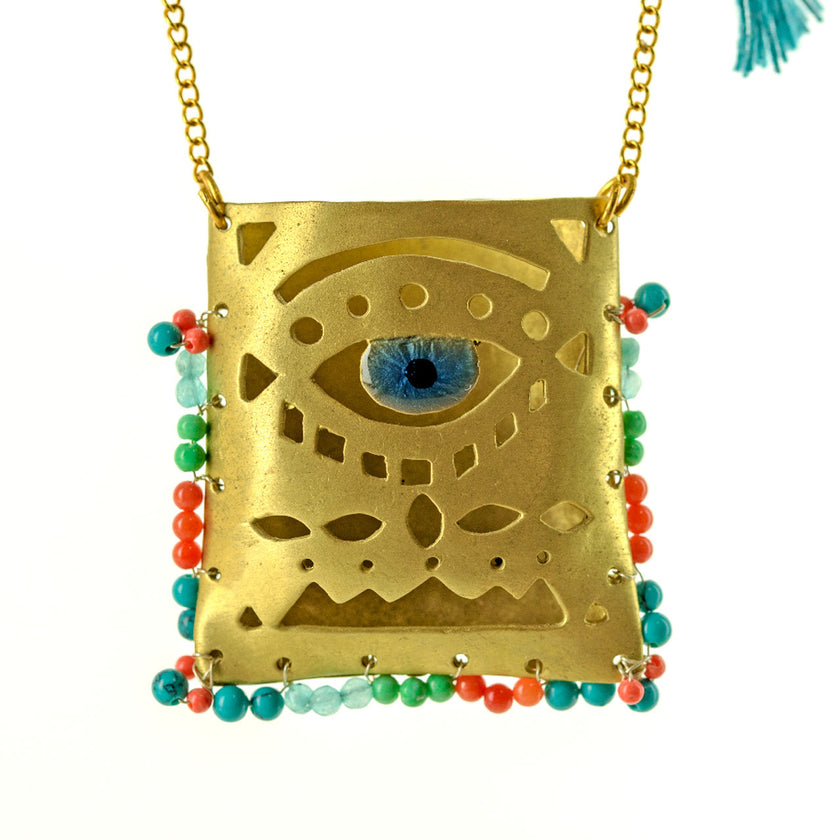 Evil Eye Tagári, in Viridian Green, Petrol Blue and Coral Red, Pendant