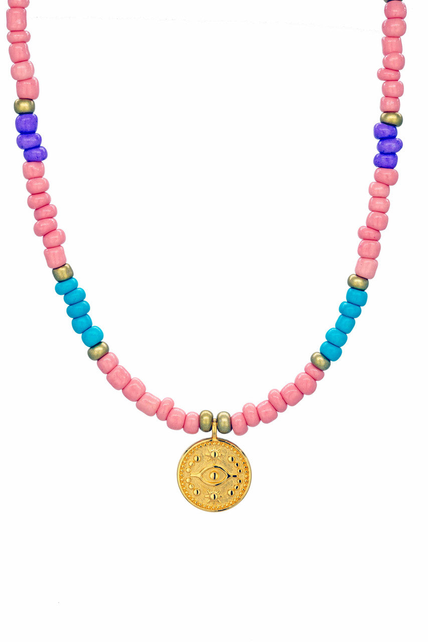Gold Coin, Colourful Beaded Pendant