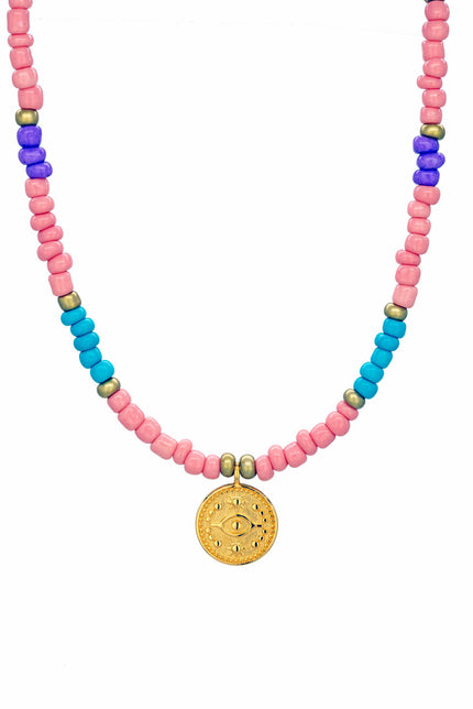 Gold Coin, Colourful Beaded Pendant