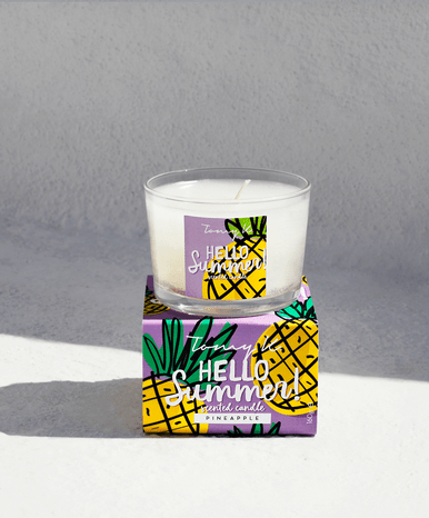 Close up of hello summer pineapple scented candle