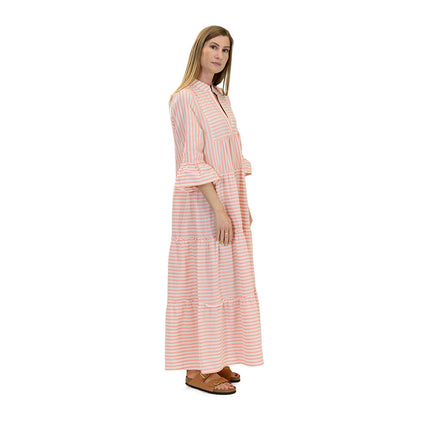 Close up of striped peach & white maxi dress