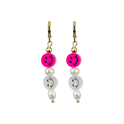 Pearly Double Smiley Hoop Earrings in Fuschia